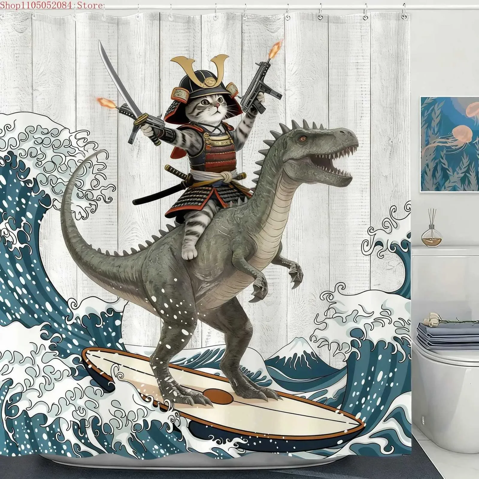 

Funny Samurai Cat Riding Surfing T-Rex Print Shower Curtain, Waterproof Polyester Bathroom Curtain with Hooks