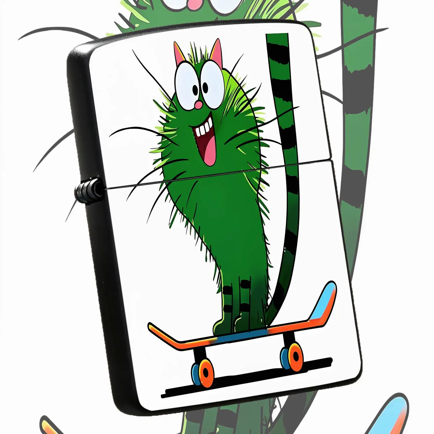 Cute Spiky Green Striped Cat Skateboarding Cartoon Lighter Fun Whimsical Graphic Portable Daily Use Accessory For Camping Gathering Travel Perfect Unique Playful Gift For Friends Trendy Durable Printed Delicate Lightwei A Humorous And Inter
