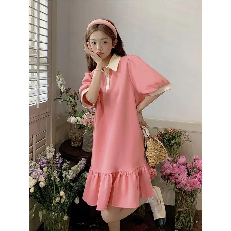 Fashion Lapel Spliced Folds Ruffles Casual Dresses Female Clothing 2024 Spring Summer New Loose Sweet Puff Sleeve Mini Dress