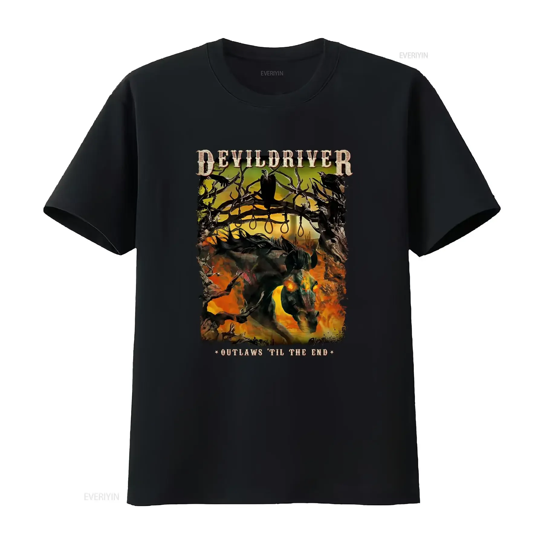 Devildriver Outlaws 'Til The End T Shirt Black All Sizes Featuring Dark Horse Skull Design vintage Washed Unisex