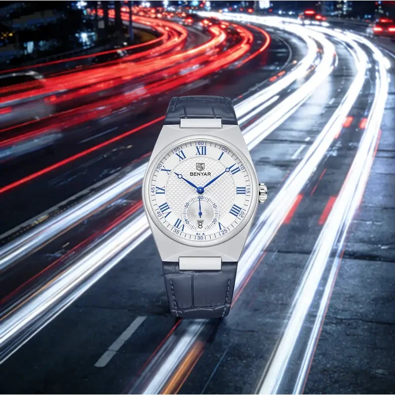 BENYAR 5199 Upgrade Trendy Elite Men's Quartz Watch, Luxury Gentleman Style, Leather Strap, Roman Numeral Hour Markers, Hardlex