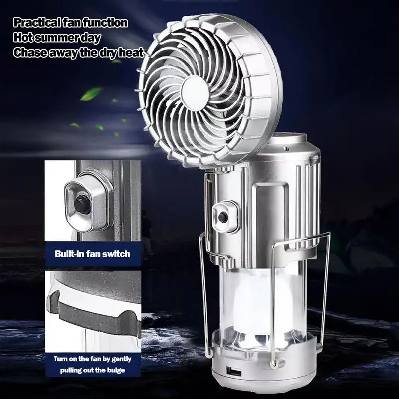 

LED Solar Lights with Electric Fan Rechargeable Outdoor Emergency Lantern Foldable Retractable Camping Lights Hanging Tent Lamps