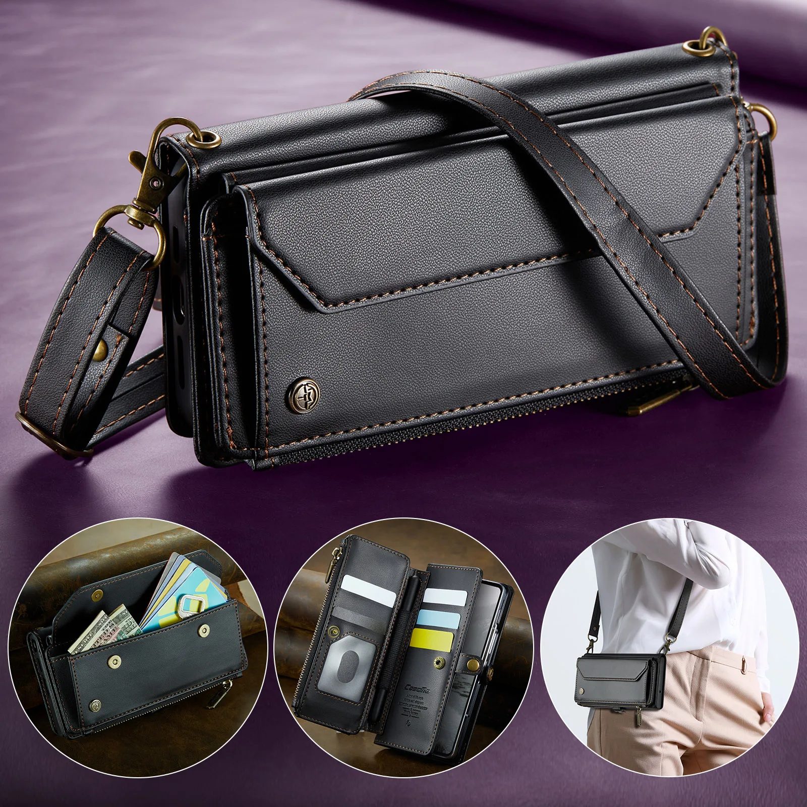 

CaseMe-C36 For Samsung Galaxy Z Fold7 6 5 4 3 Fashion Zipper Multi Cards w/Pen Slot Magnetic PU Leather Wallet Case Cover +Strap