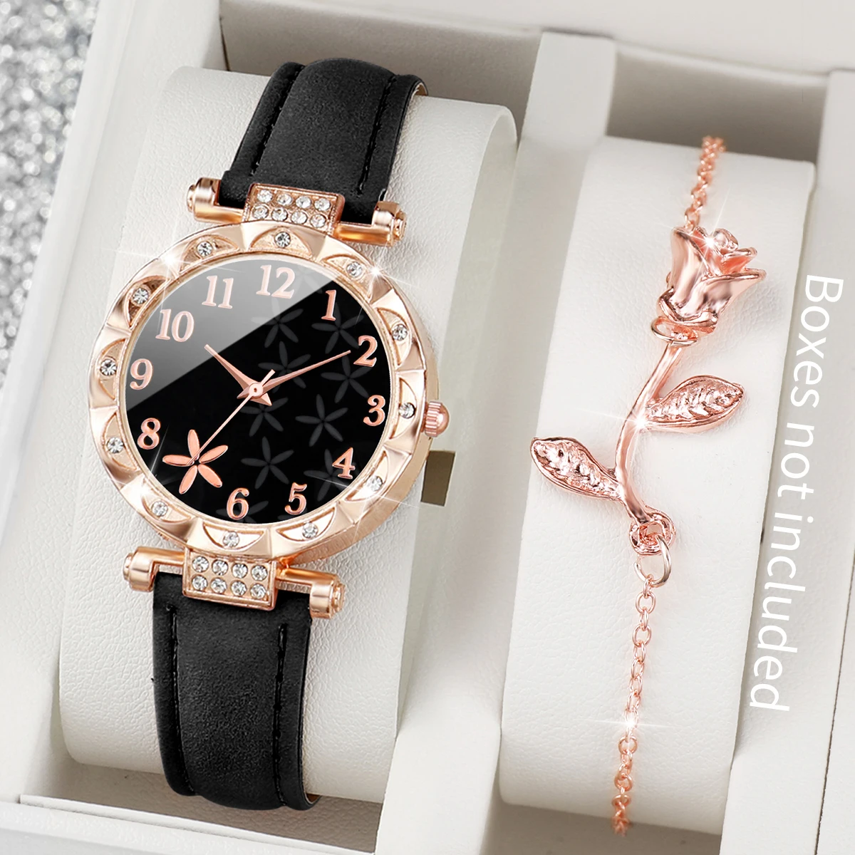 2PCS/Set Fashion Flower Dial Women's Watch Leather Band Analog Quartz Watches Rose BraceletSet(Without Box)