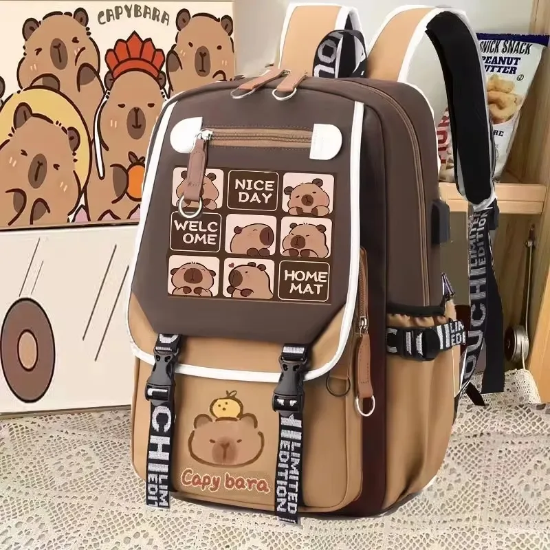 Large Capacity Adjustable Strap Multifunctional Schoolbag Cute Capybara Schoolbag Waterproof Student Computer Bag Free Pendant