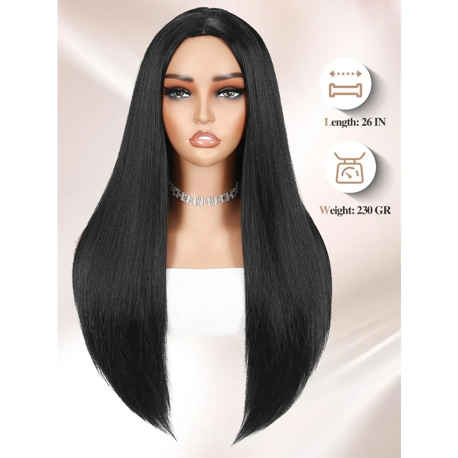 باروكة شعر مستعار سوداء طويلة مستقيمة صبغ شعر أسود للنساء الجزء الأوسط شعر طبيعي صناعي مقاوم للحرارة للحفلات أو القاعة