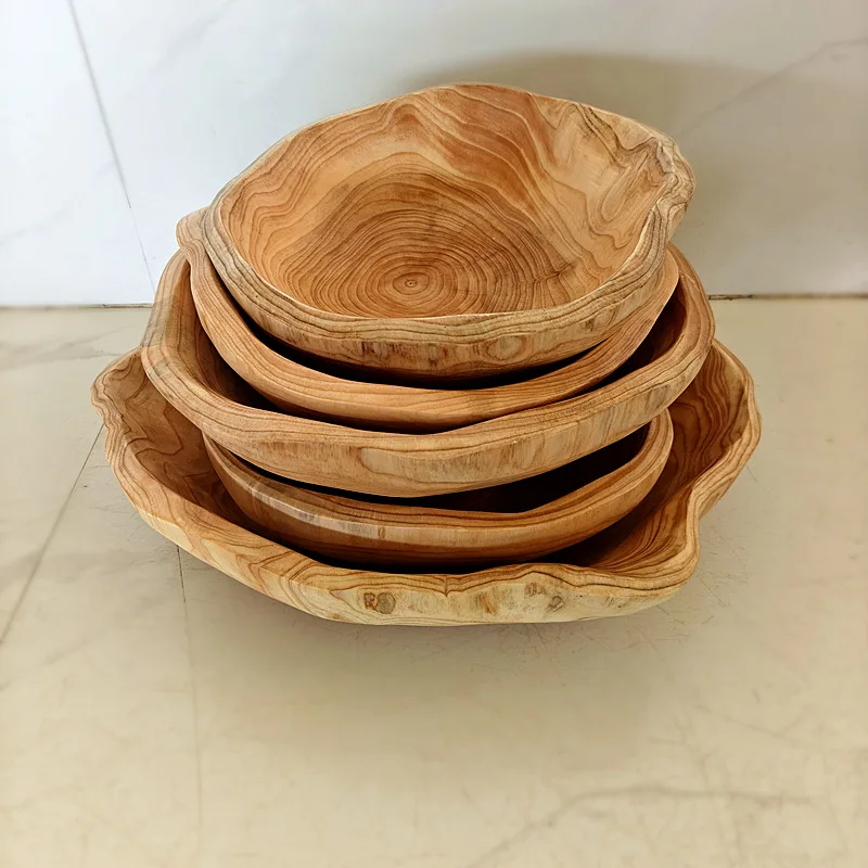 Hand-Carved Solid Wood Fruit Bowl Set Natural Rustic Root Wood Tray Serving Platter for Snacks Decorative Nut Dish for Kitchen