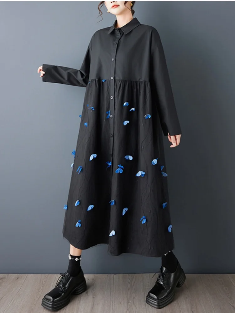 SMTHMA جديد ربيع الخريف فضفاض ثلاثي الأبعاد فراشة شبكة الربط فستان كاجوال المرأة الحلو كم طويل فستان قميص #5