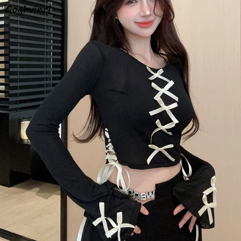 

Футболки женские с бантом и повязкой, нежные, облегающие, универсальные, повседневные, корейские, модные, осенние топы с расклешенными рукавами, Harajuku, модные, сексуальные