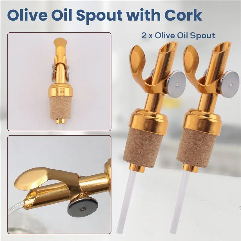 KYCOR-2 Pack Golden Olive Oil Spout With Cork Oil Spout Liquor Pourers Olive Oil And Vinegar Stopper For Kitchen