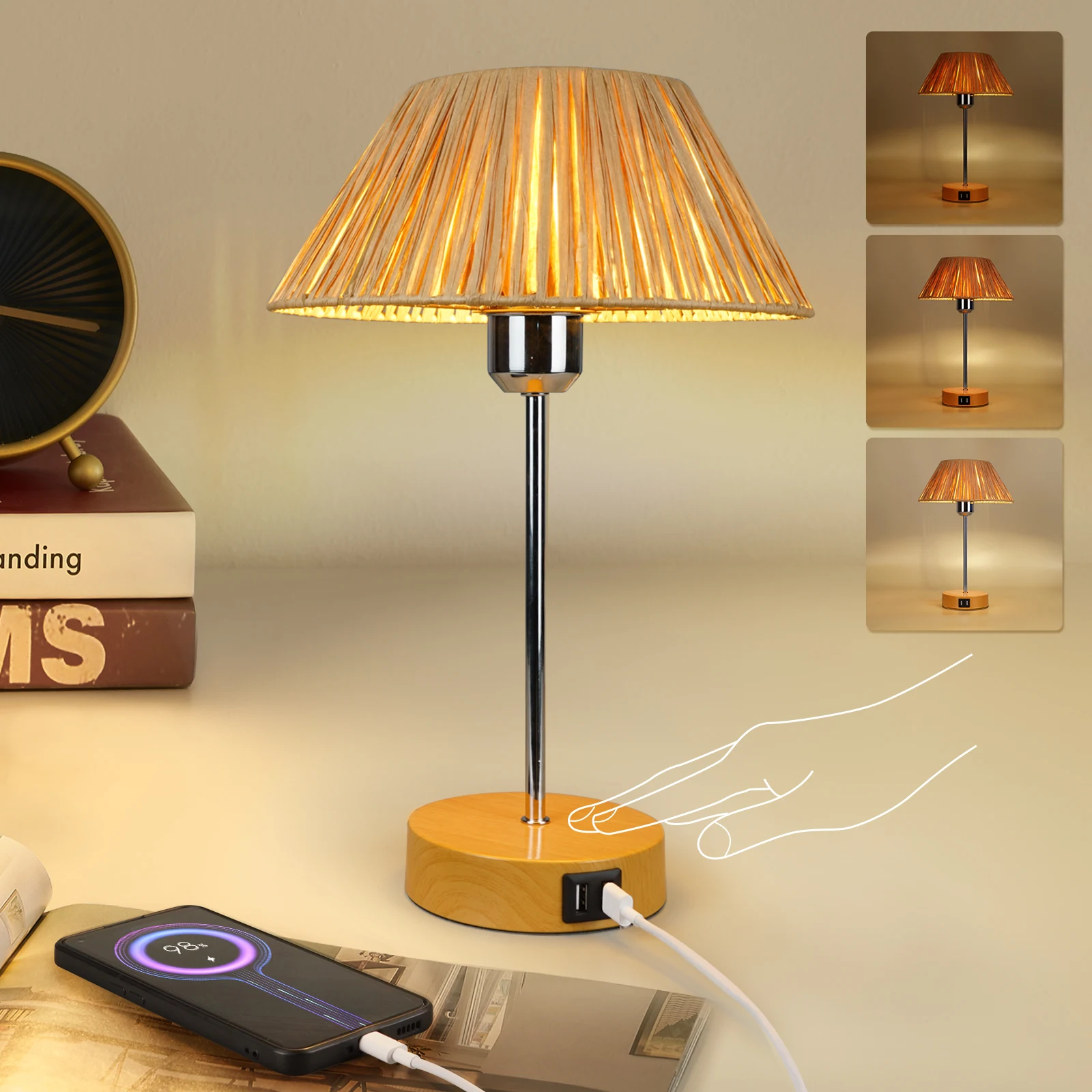 HYMELA Touch Table Lamp Adjustable Brightness 2700K Bedside Lamp with USB Charging Ports for Bedroom Desktop Living Room Decor