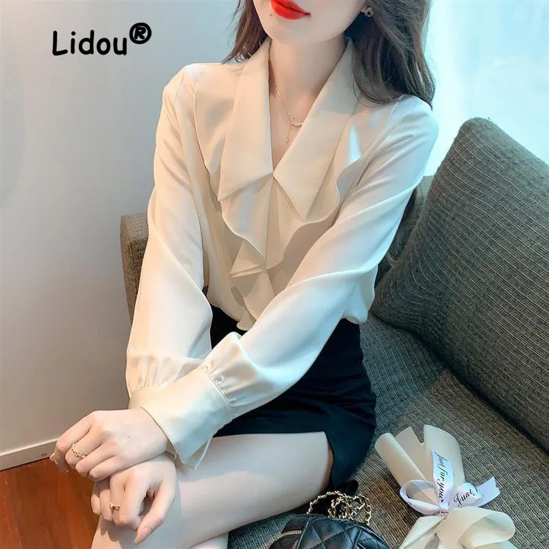 

Fashion Autumn Solid Color Ruffles Blouse Women New High-quality Long Sleeve V-neck Office All-match Lady Pullover Chiffon Shirt