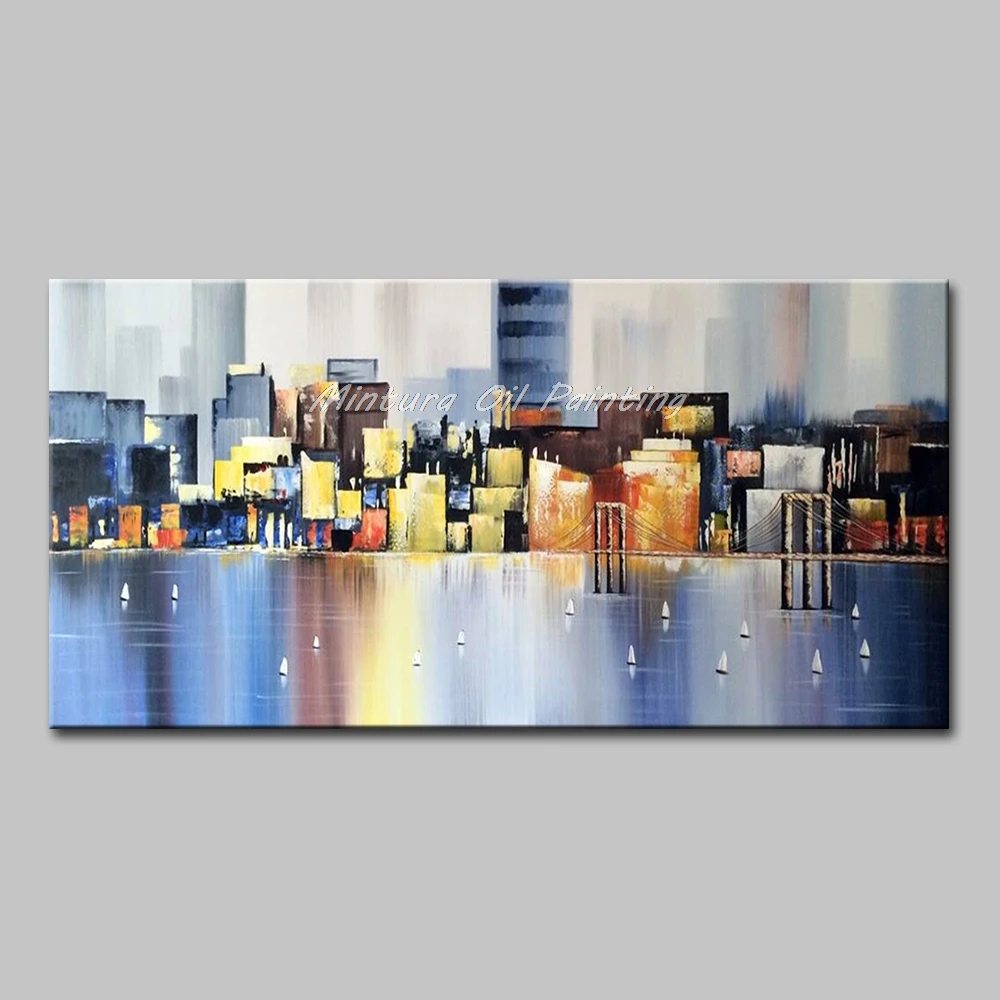 Mintura Handpainted Knife City Landscape Oil Paintings on Canvas,Modern Wall Art Picture for Living Room Home Decoration Artwork