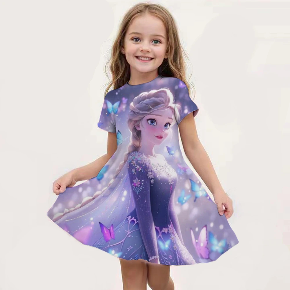 

Cartoon Frozen Disneyland Trip Casual Dress for Little Girl Soft Princess Frock Kid Elsa Print Snow Queen A Line Summer Clothing