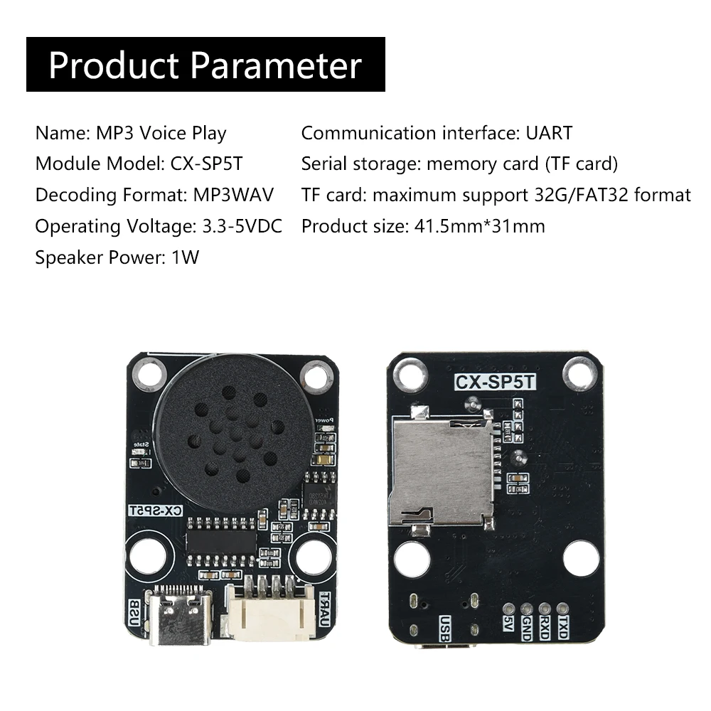Voice Playback Module Board MP3 Music Player 1W MP3 Playback Serial Control SD/TF Card for SP5T Type C Interface Wholesale
