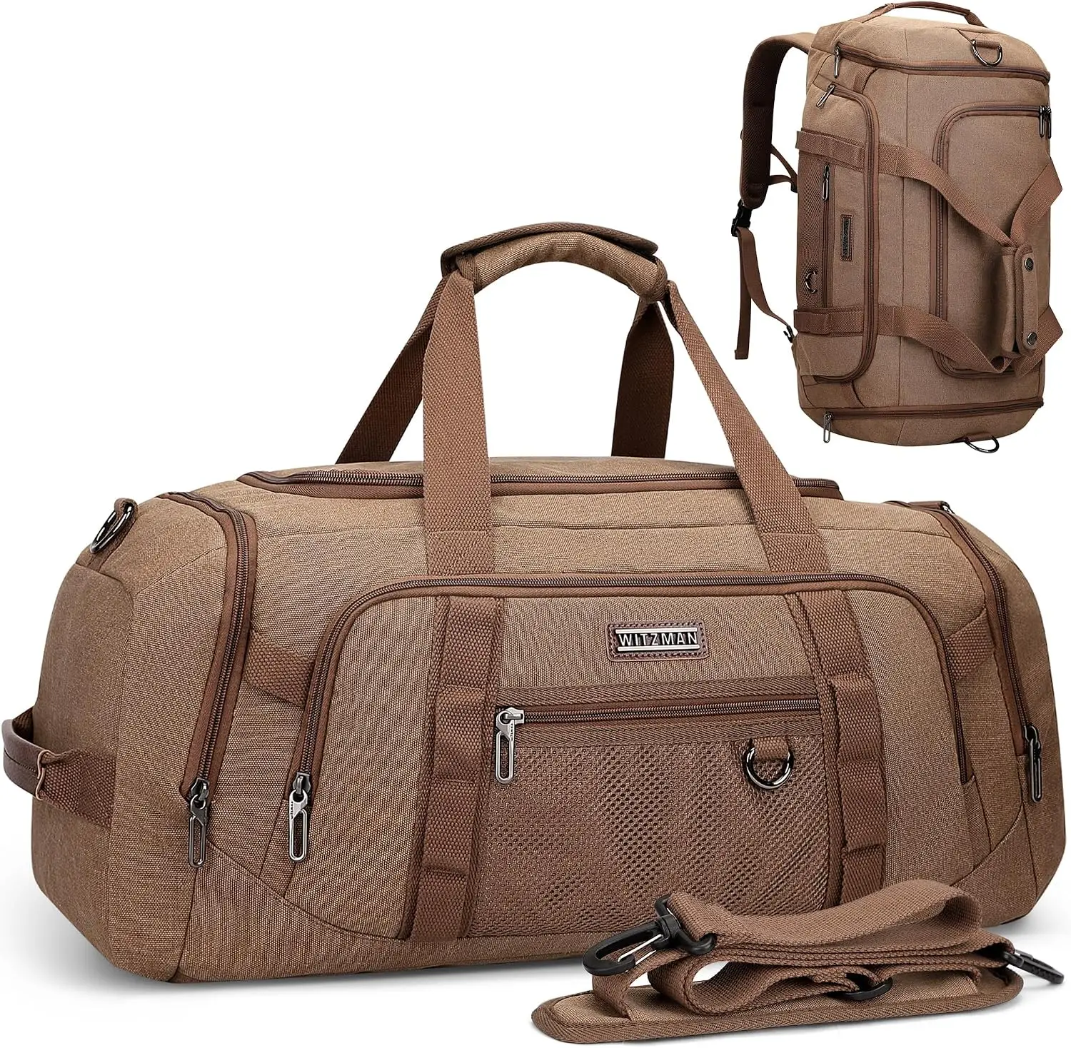Canvas Duffle Bag for Men 3 in 1 Convertible Backpack 45L Travel | With Shoe Compartment and Dry-wet Pocket, Large Capacity, Carry On, For Gym, Sports, Weekender, Overnight, A8006/3 Brown