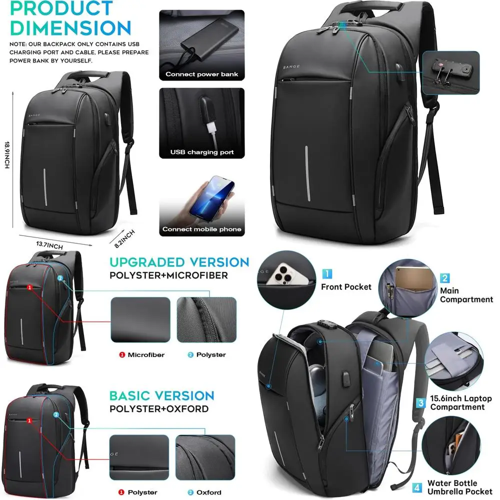 Zaino da viaggio BANGE, zaini da lavoro leggeri per uomo, zaino per laptop da 15,6 pollici, zaino alla moda per uomo e donna…