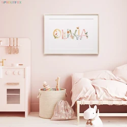 Nursery Canvas Painting Name Custom Poster Bunny Elephant Posters Flower Animal Prints Nordic Wall Pictures Baby Room Decoration