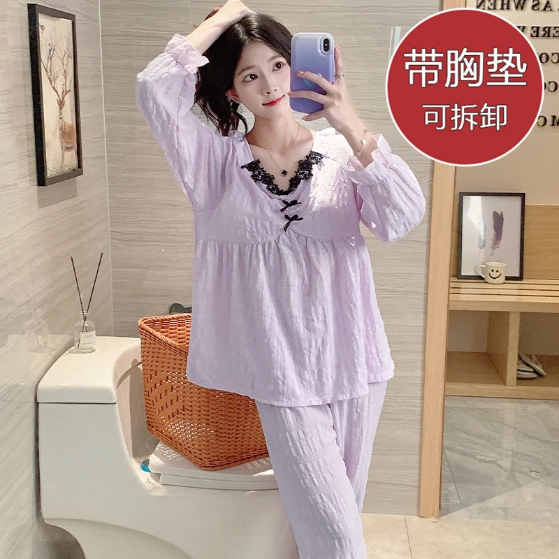 2024 Autumn Long Sleeve Sexy Lace V-neck Cotton Pajama Sets for Women Korean Sleepwear Pyjama Homewear Pijama Mujer Home Clothes