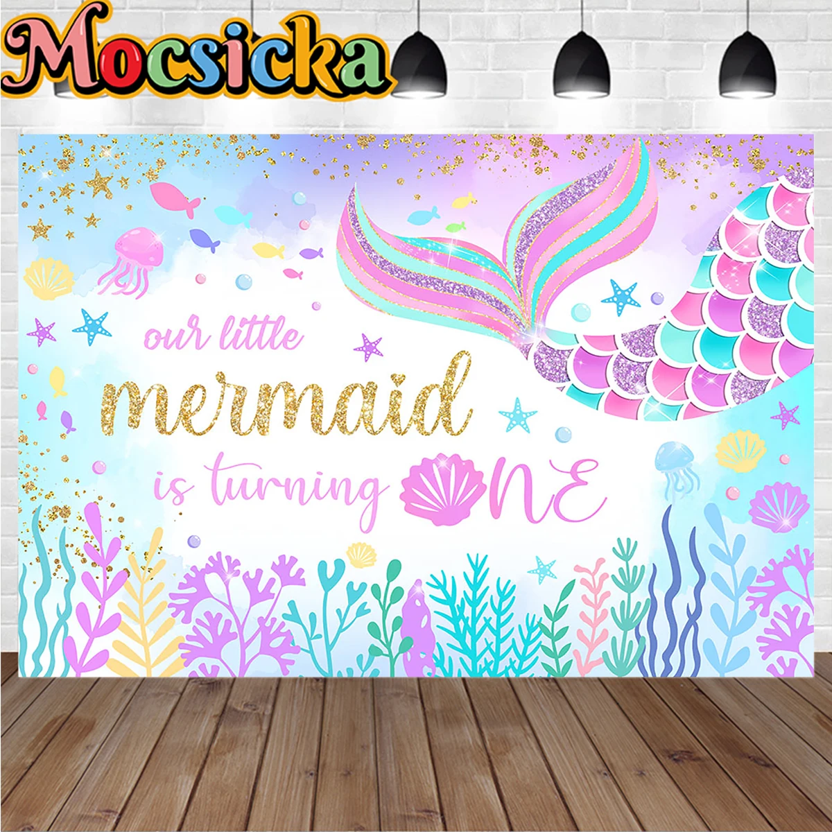 Sweet Girl Baby Show Background Blue Undersea Little Mermaid 1st Birthday Party Backdrop Banner Glitter Fishtail Shell Decor