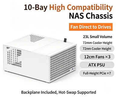 10‑Bay NAS Chassis, Support ATX Power Supply & ATX Motherboard DIY Home Network Storage Server Case