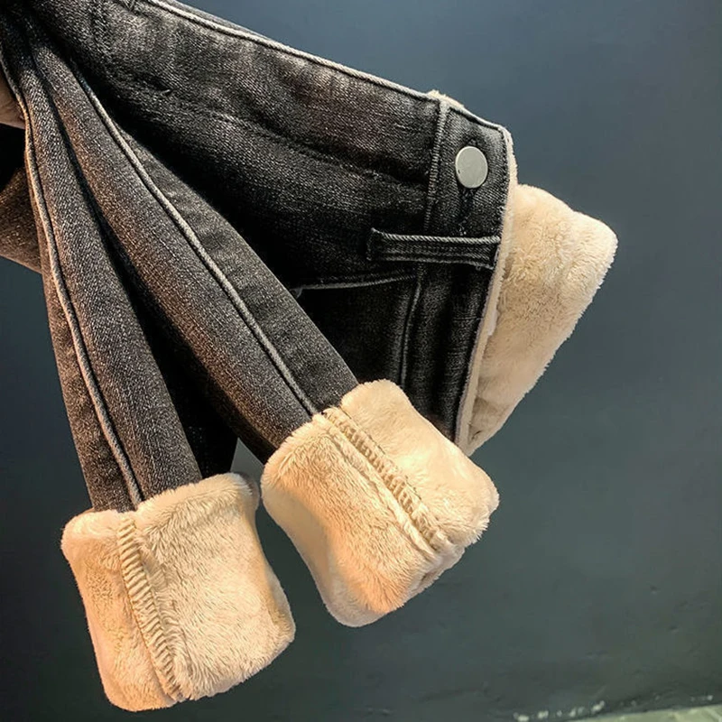 Thick Lambwool Pencil Jeans Women Winter Warm High Waist Ankle-Length Pants Big Size 25-34 Skinny Stretch Denim Trousers 2023