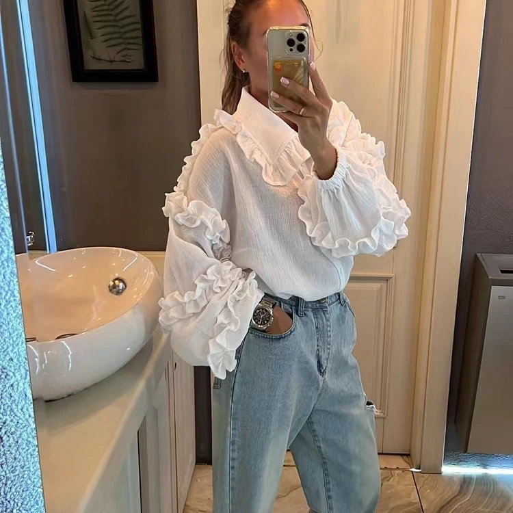 เสื้อเชิ้ตแขนยาวทรงหลวม สไตล์ลำลอง คอปกตุ๊กตา สีพื้น ติดกระดุม สำหรับผู้หญิง เสื้อผ้าแฟชั่นระดับพรีเมียม