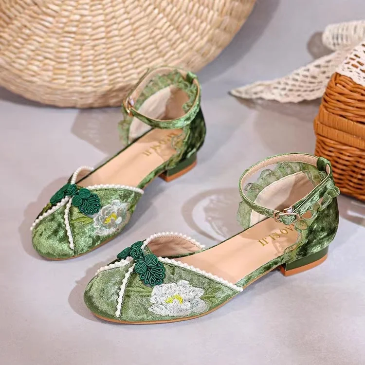 Chinese Style Luxury Women Shoes 2023 Spring Vintage Embroidered Mary Jane Shoes Elegant Green Lace-up Shoes High Heels Sandals