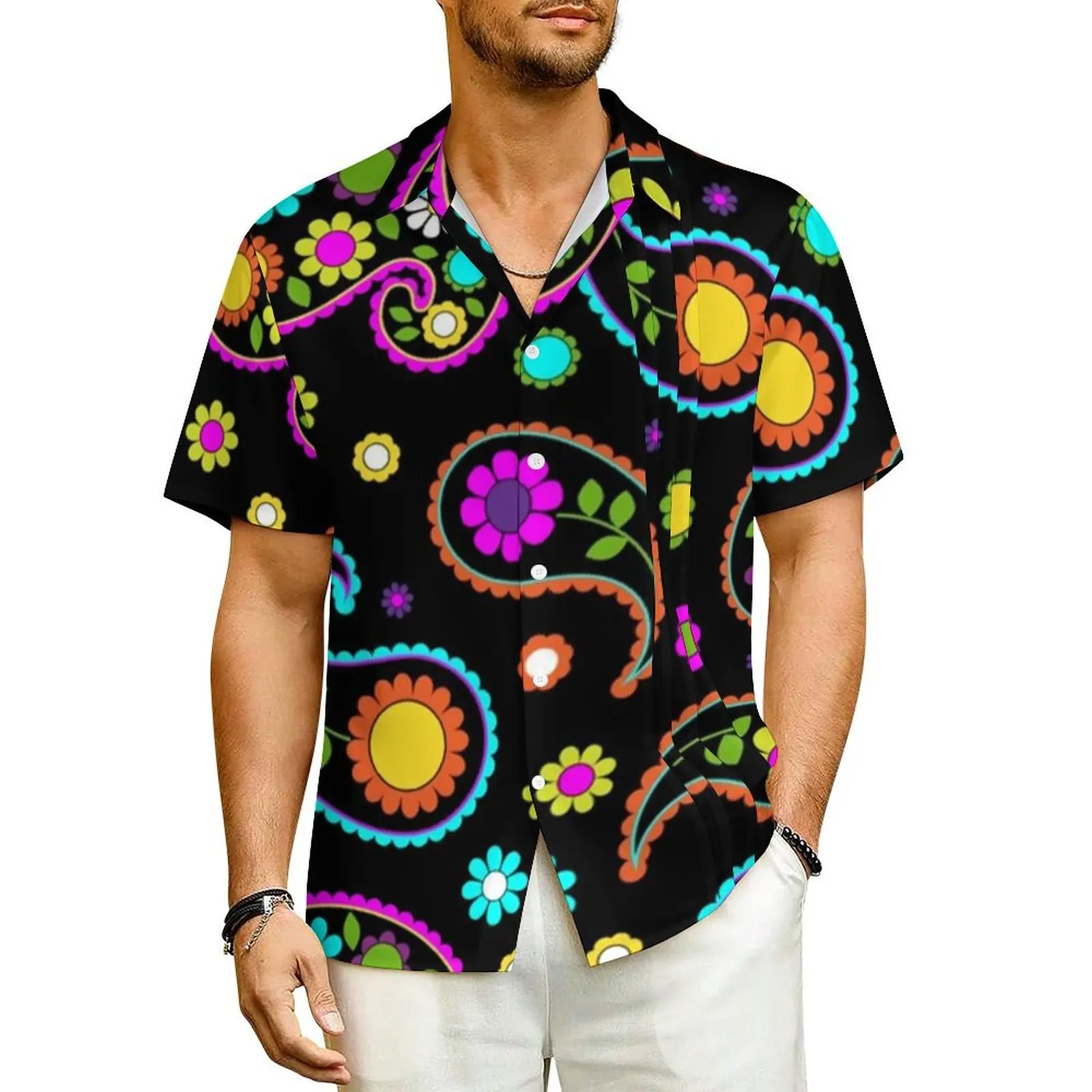 

Hawaii Shirt Vacation Retro Groovy Hippy Blouses Paisley Floral Print Vintage Casual Shirts Man Short Sleeves Oversized Clothes