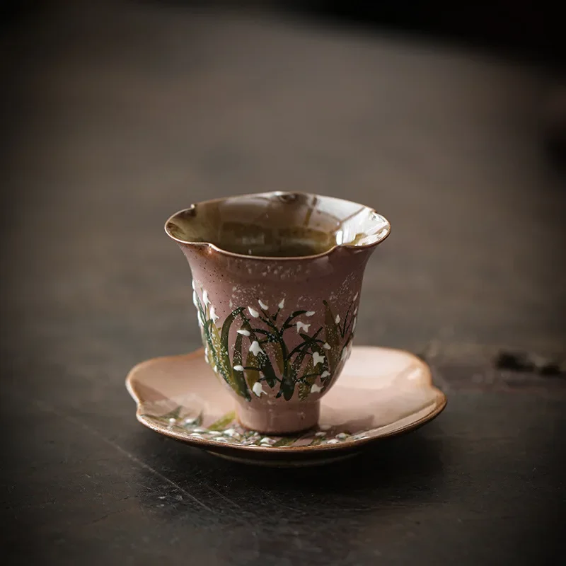 Chinese Ceramic Kung Fu Tea Set Single Cup with Coaster Floral Design Home Tea Drinking