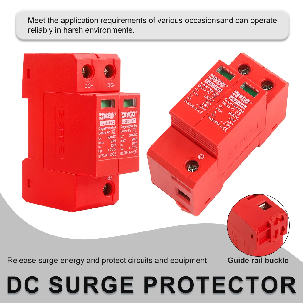

2P DC SPD 10KA~20KA Surge Protective Device 500V 600V 800V 1000V Din Rail Type House Low-voltage Lightning Arrester Protection