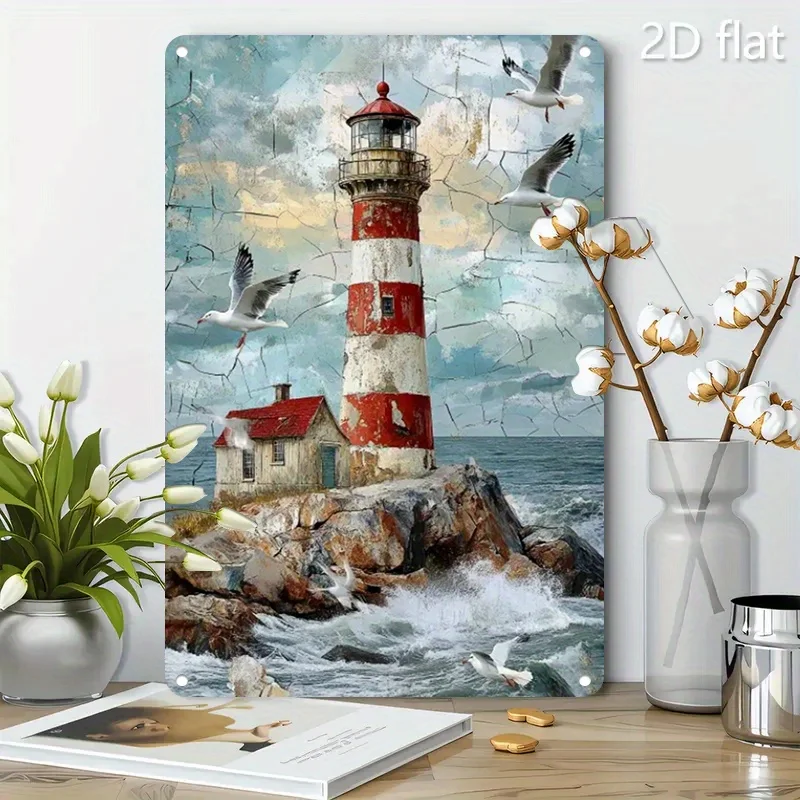 Vintage Lighthouse & Seagulls Metal Sign Iron 8x12 Inch Coastal Ocean Wall Decor for Home Beach House Cafe