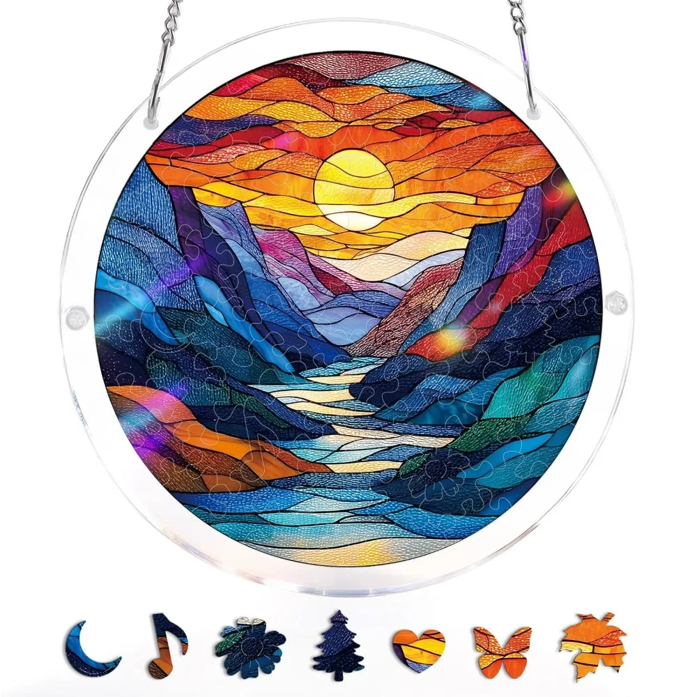 83 Pieces Acrylic Puzzle Suncatcher Round Shape UV Printed Sun Catcher Puzzle Puzzle Pieces Metal Chain Window Hanging Decor