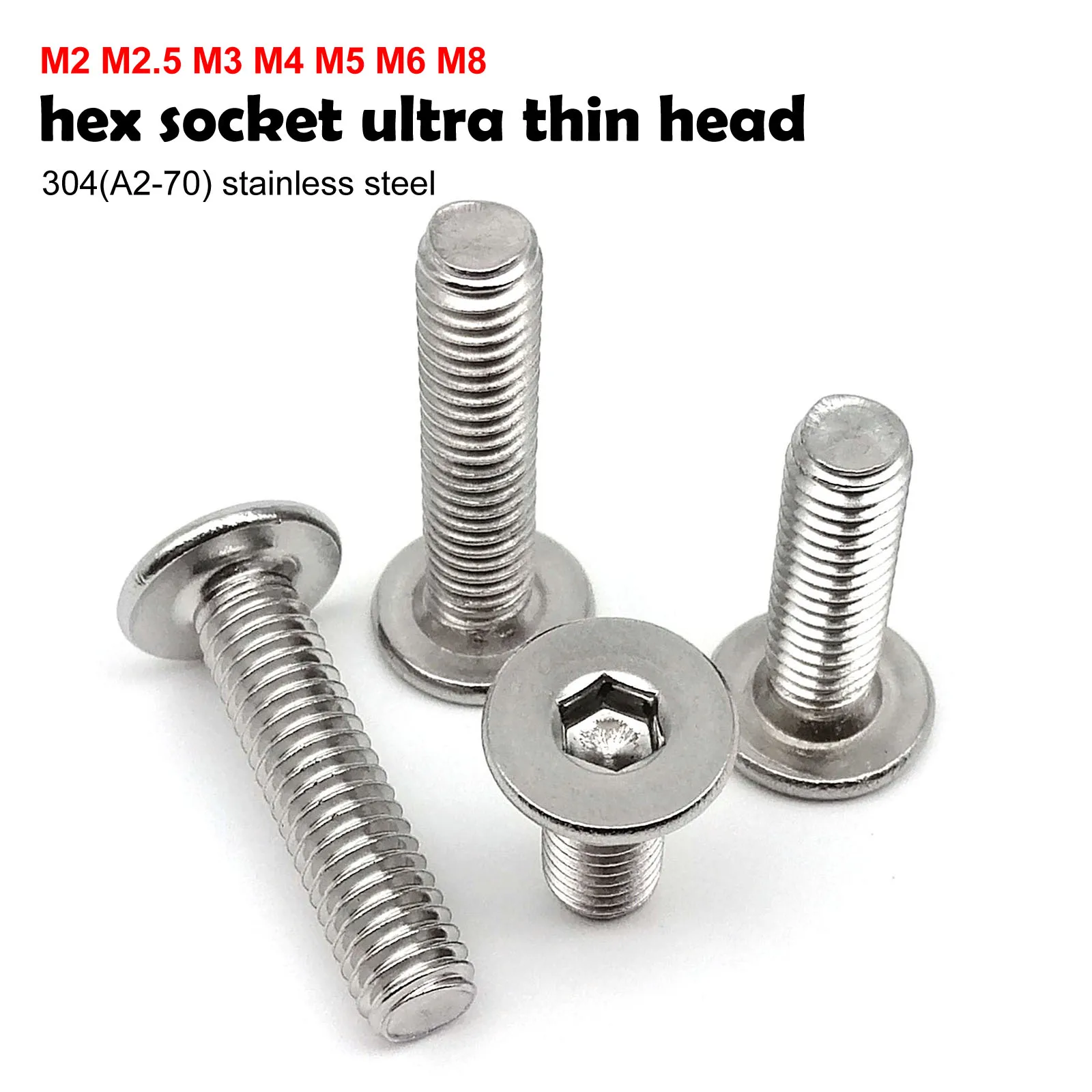 HZYUEGOU M2 M2.5 M3 M4 M5 M6 M8 A2 304 Edelstahl Sechskant-Innensechskantschraube Ultraflache Flachkopfschraube mit Innensechskant L=3-100mm – Detail 2