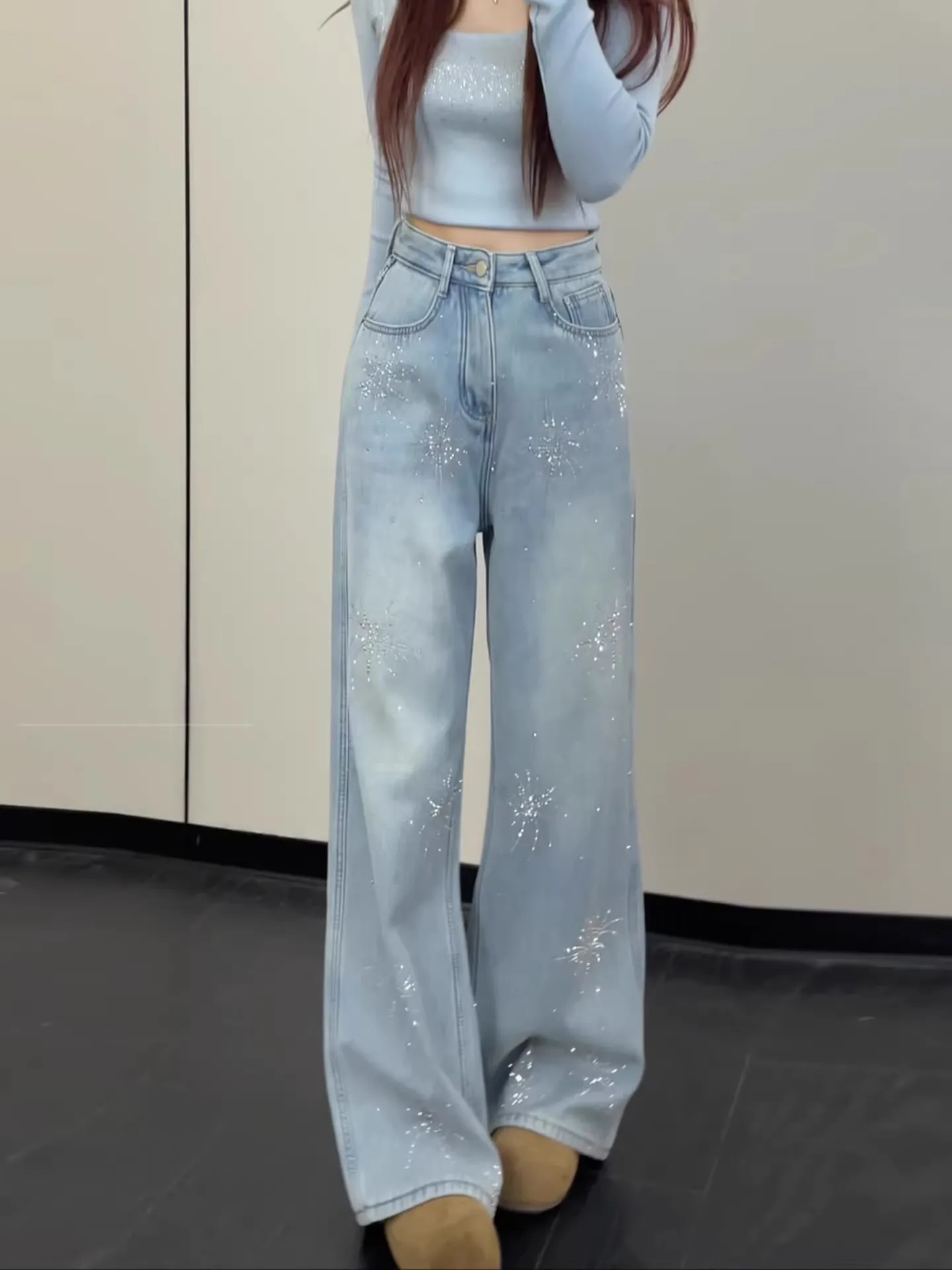 Washed Light Blue Sequin Wide Leg Denim Jeans Women's Winter Fleece Drapey Straight Cut Trousers High Waist Straight Pants