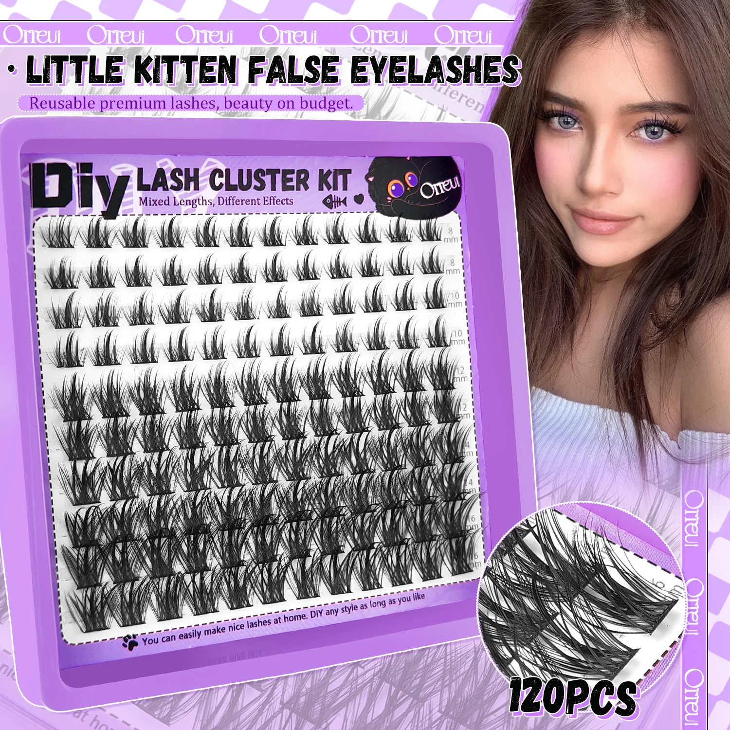 120PCS DIY Lash Cluster Kit D Curl Cat Eye False Eyelashes 8-16mm Mixed Length Individual Lashes Reusable Invisible Band