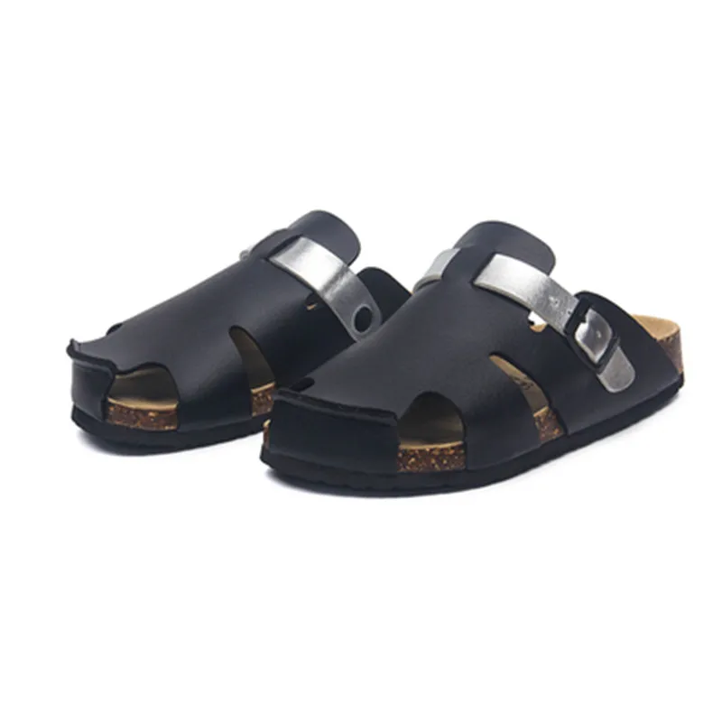 New Summer Shoes Men Flat Buckle Cork Slipper Cut-outs Shoes Man Leather Fashion Beach Outside Non-slip Closed Toe Slides 35-45