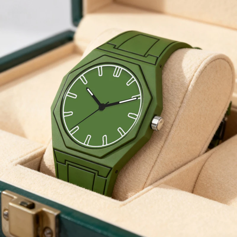 

Мужские черно-зеленые современные минималистичные кварцевые часы с уникальным бутиковым ремешком в мультяшном стиле.