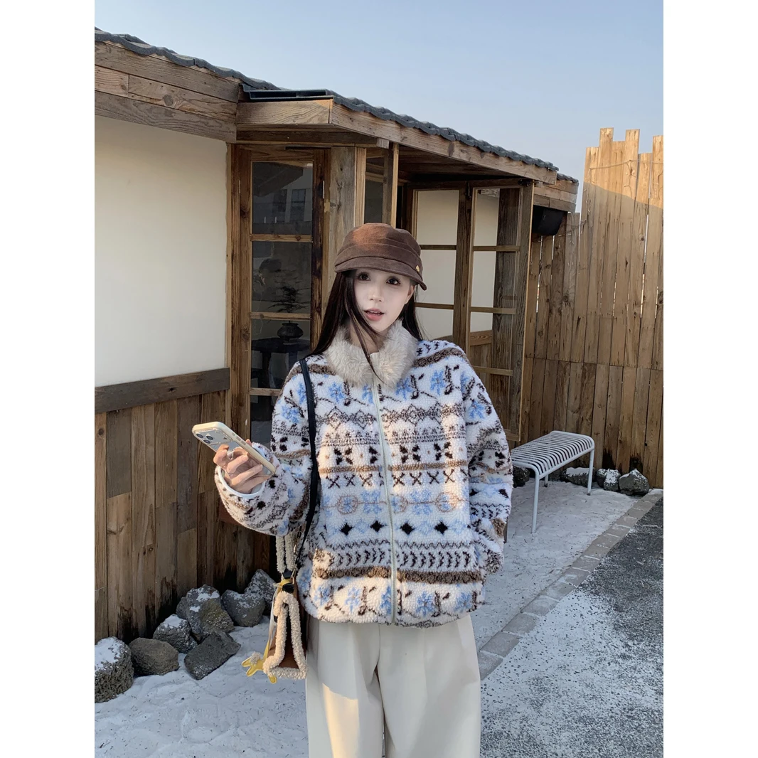 

Korean Sle Warmth eepskin Coat Fur Collar Thiened Winter Outerwear Women's Loose Fit ort Jaet Zipper Closure