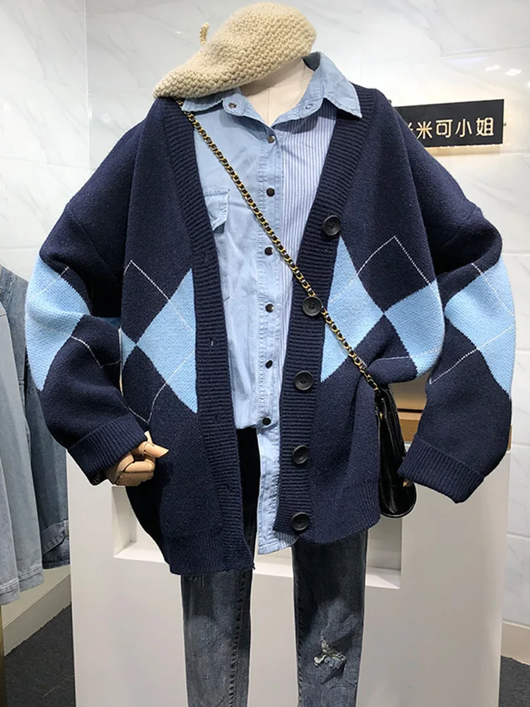 Autumn Long Sleeve Geometric Printing Knitted Cardigant Sweater Women Casual Loose Botton Women Sweaters Coat Winter Clothes