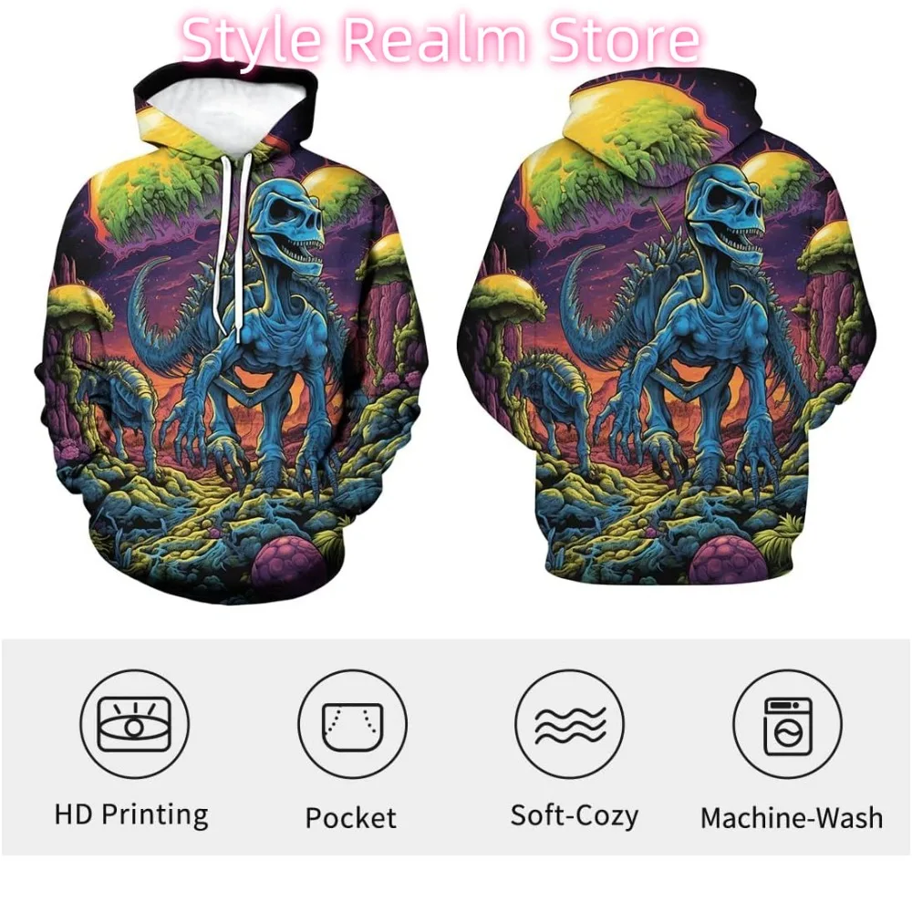 الرجال الجدة ديناصور هوديي 3D الجمجمة نمط تريبي طويلة الأكمام البلوز هوديس