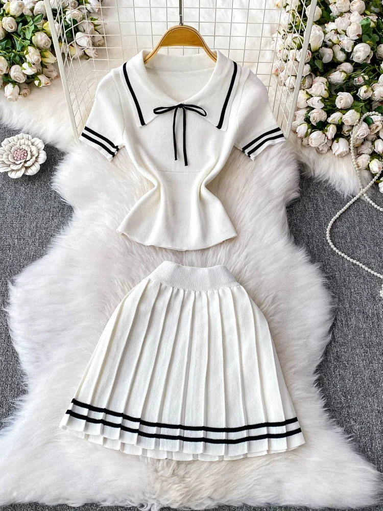 

College Sle Anti-Aging Knot Collar ort Sve Knitted T-irt Top High Waist Slimming Pleated Skirt Two-Pi...