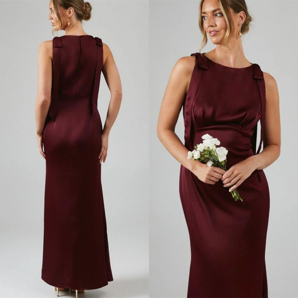 

Customized Simple Burgundy Satin Evening Dress Exquisite O-Neck Sleeveless Homecoming Dresses Fashion Bow Vestido De Festa
