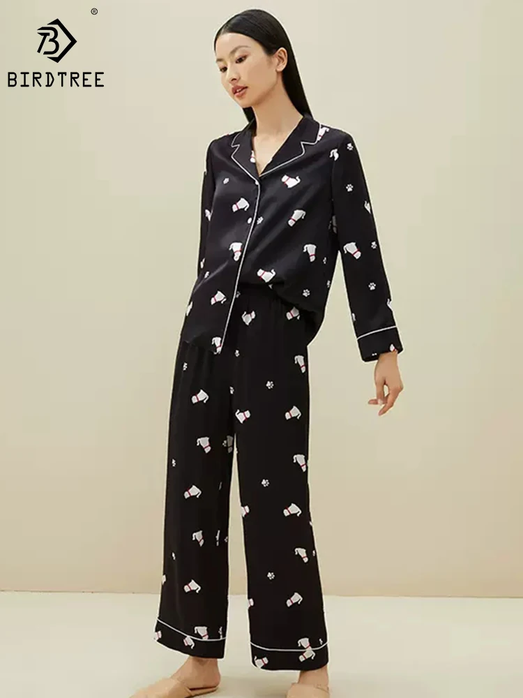 

Birdtree 100%Mulberry Silk Pajama Set Women's Lapel Long Sleeve Pants Comfortable Skin-friendly Print Home Wear Autumn S3D555QD