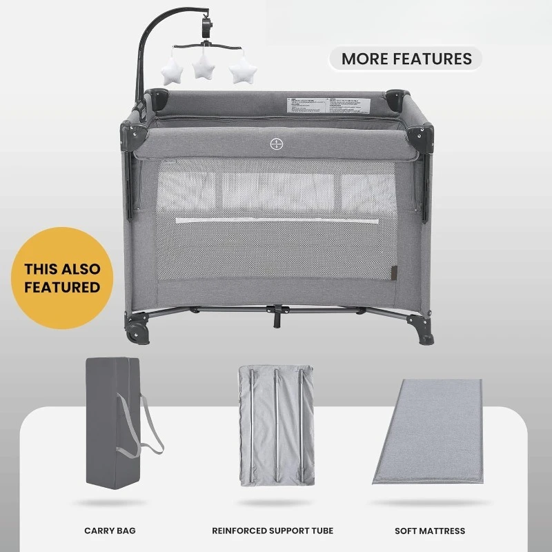 Tempat Tidur Bayi 2-in-1, Playard dan Bassinet, Ranjang Lipat Portabel Mudah dengan Musik Mobile untuk Bayi Baru Lahir hingga Balita (Abu-abu)