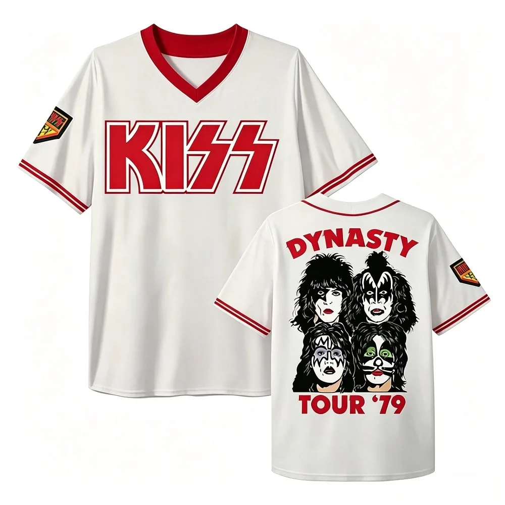 Retro 70s Rock Band Face Art Print Men V Neck T‑Shirt Striped Trim Short Sleeve Casual Streetwear Tops