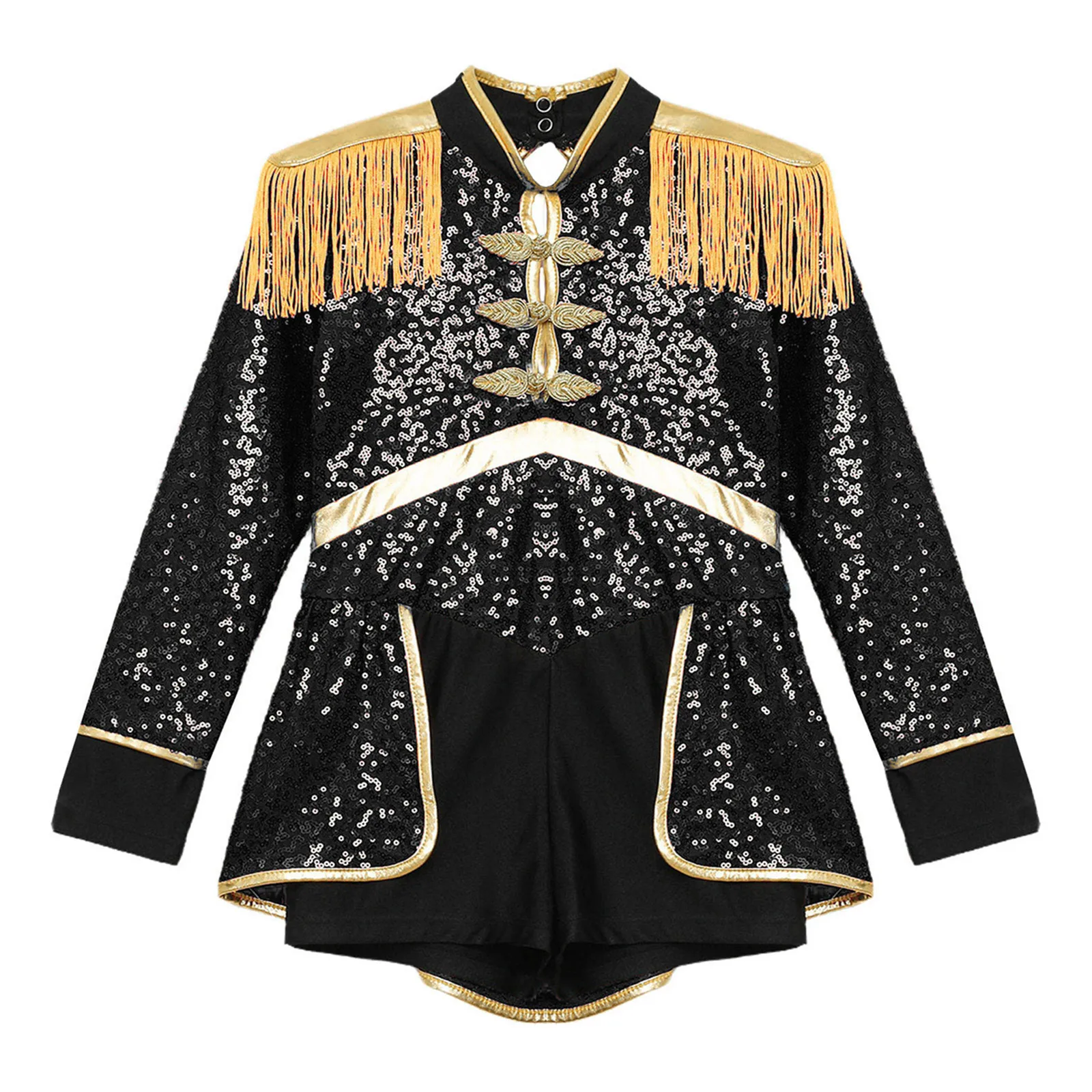 Kids Girls Ringmaster Circus Magician Drummer Christmas Dance Cosplay Costume Long Sleeve Fringe Epaulet Sequins Bodysuit