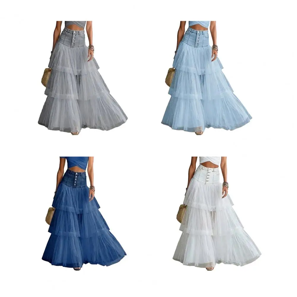 Women's Long Skirt High Waist Fluffy Ruffles Layered Solid Tulle Cake Skirt For Wedding Party Tulle Dancing Petticoat Dress