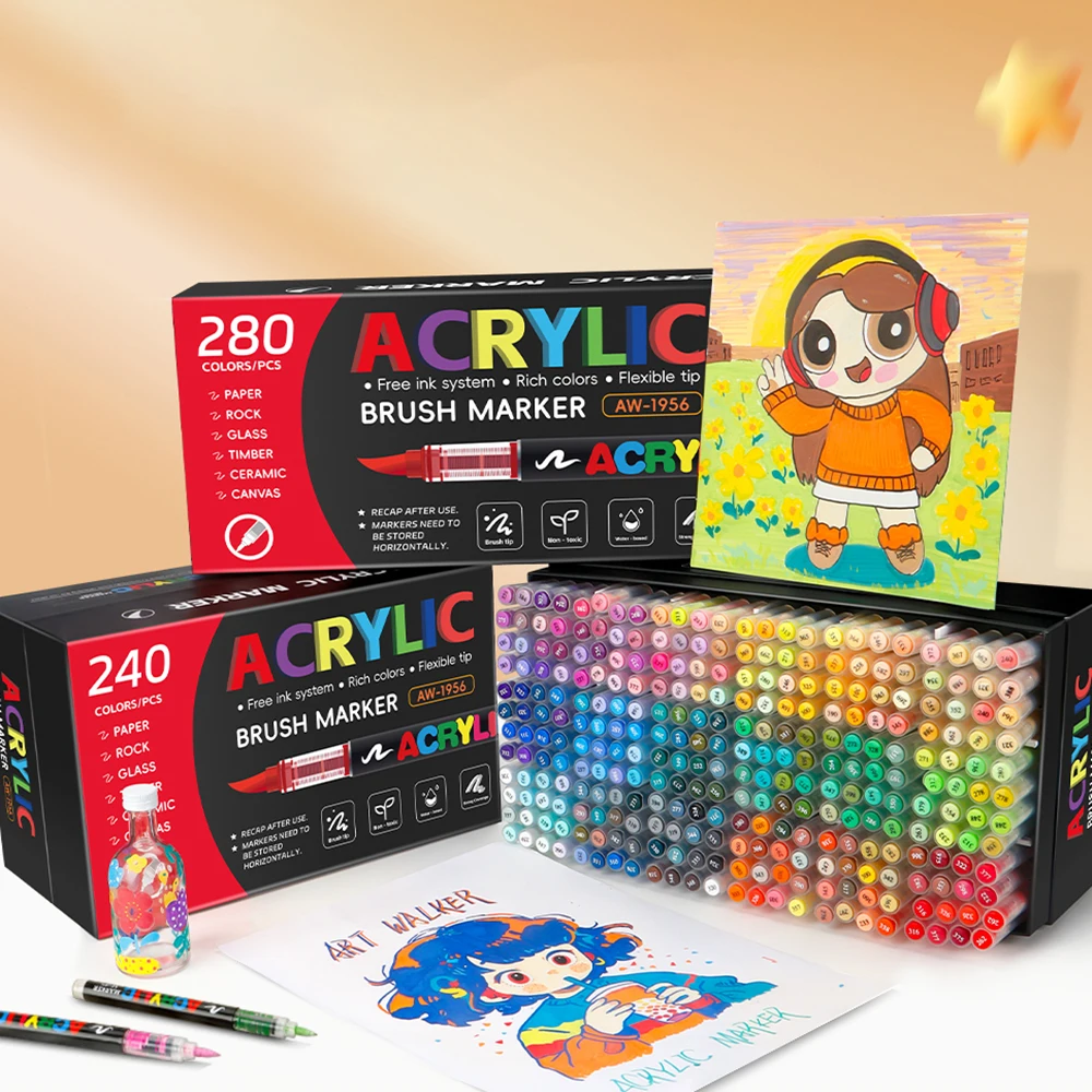 

240/280 Colors Art Markers Soft Brush Pen Tip Acrylic Markers for Painting Drawing DIY Stone Rock Wood Art School Stationery.