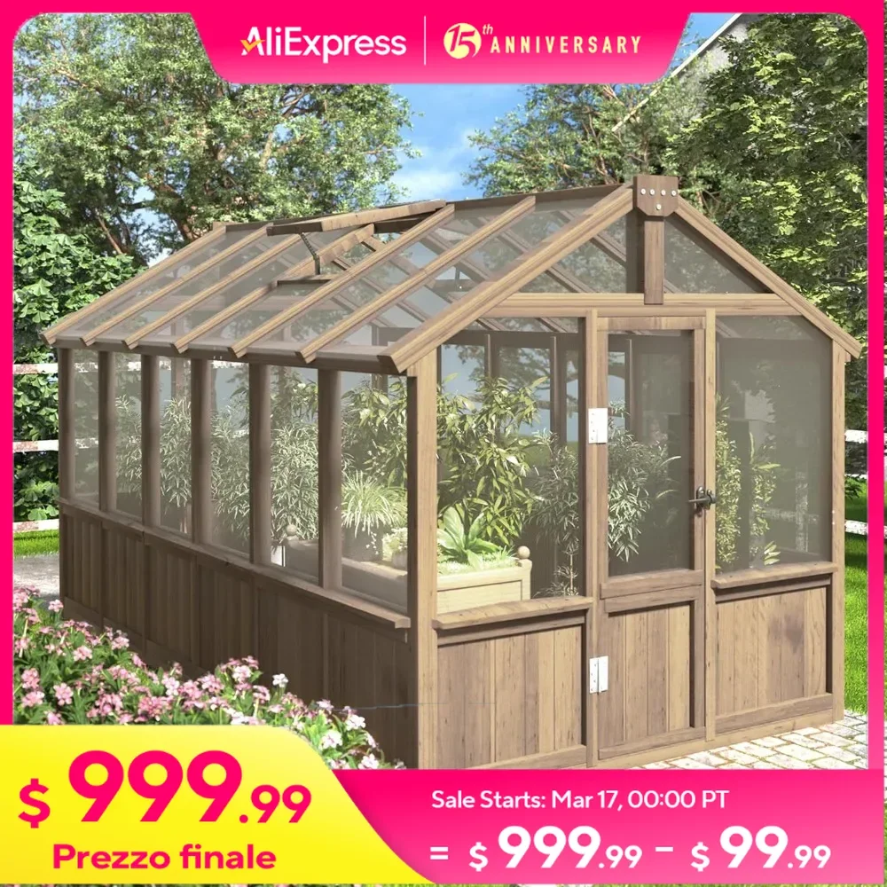 6x12 FT Greenhouse with Lockable Door and Adjustable Roof Vent for Backyard Garden, Polycarbonate Wooden Walk-in Greenhouse